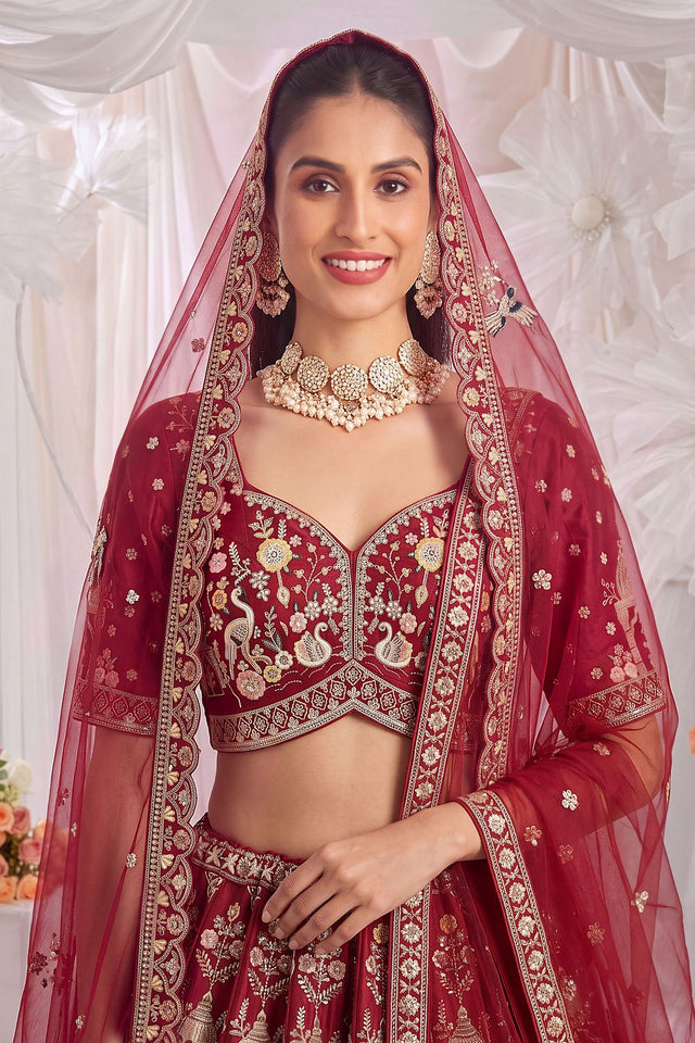 Red Heavy Embroidered Silk Lehenga (ACB1675)