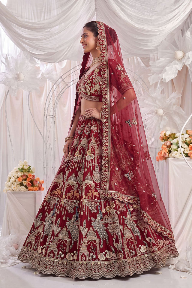 Red Heavy Embroidered Silk Lehenga (ACB1675)