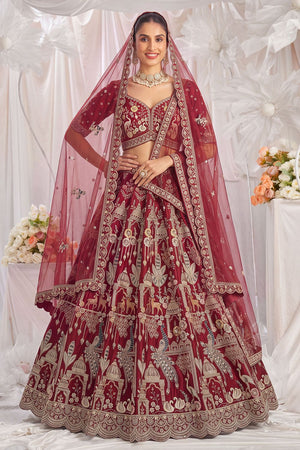 Red Heavy Embroidered Silk Lehenga (ACB1675)