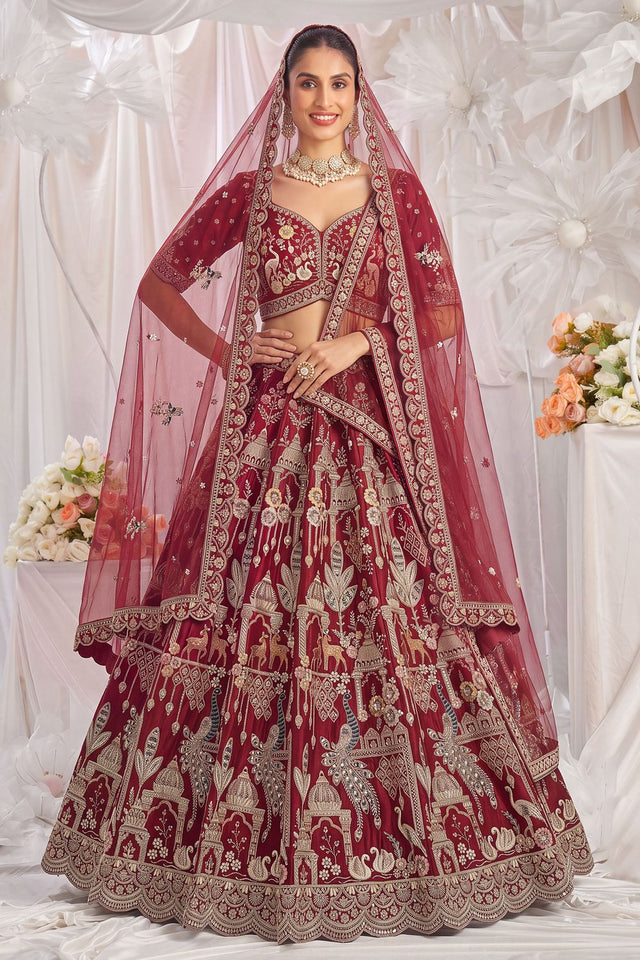 Red Heavy Embroidered Silk Lehenga (ACB1675)