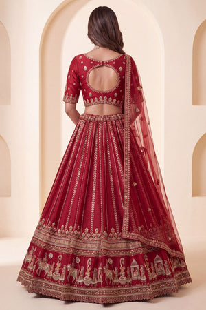 Red Heavy Embroidered Silk Lehenga (ACB1677)