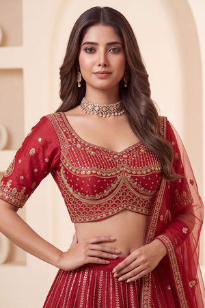 Red Heavy Embroidered Silk Lehenga (ACB1677)
