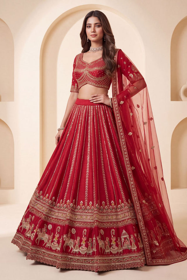 Red Heavy Embroidered Silk Lehenga (ACB1677)