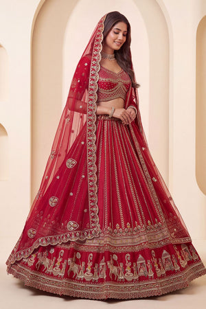 Red Heavy Embroidered Silk Lehenga (ACB1677)