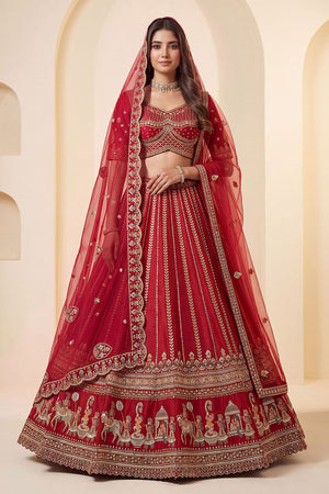 Red Heavy Embroidered Silk Lehenga (ACB1677)