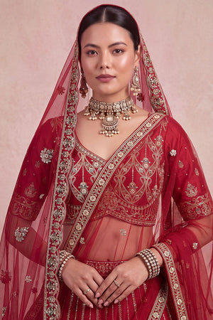 Red Heavy Embroidered Silk Lehenga (ACB1679)