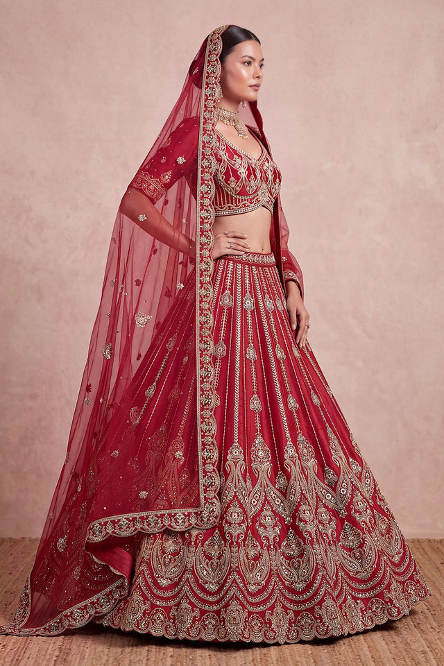 Red Heavy Embroidered Silk Lehenga (ACB1679)