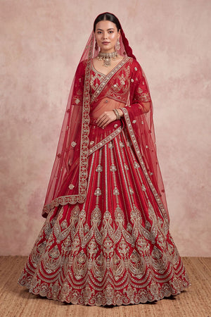 Red Heavy Embroidered Silk Lehenga (ACB1679)