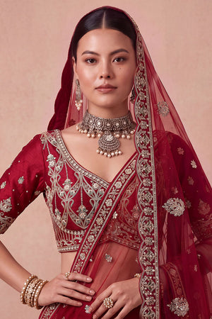 Maroon Heavy Embroidered Silk Lehenga (ACB1681)
