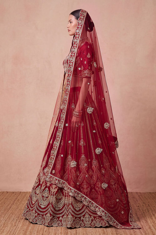Maroon Heavy Embroidered Silk Lehenga (ACB1681)