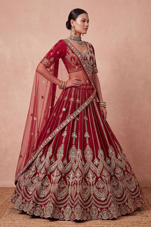Maroon Heavy Embroidered Silk Lehenga (ACB1681)