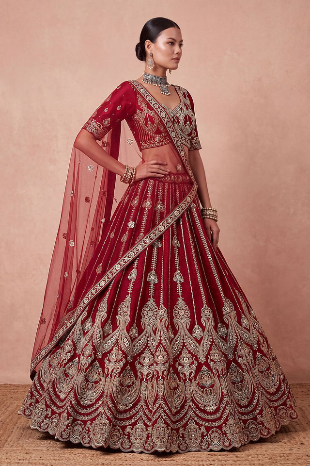 Maroon Heavy Embroidered Silk Lehenga (ACB1681)