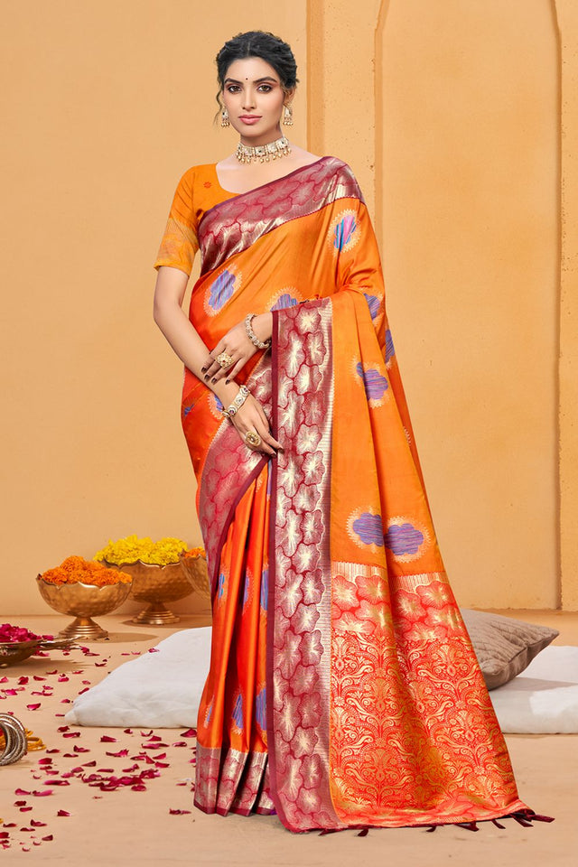 Orange Woven Silk Saree (ACB1687)