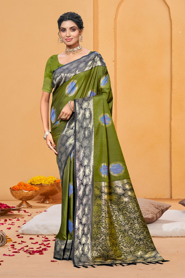 Olive Green Woven Silk Saree (ACB1688)