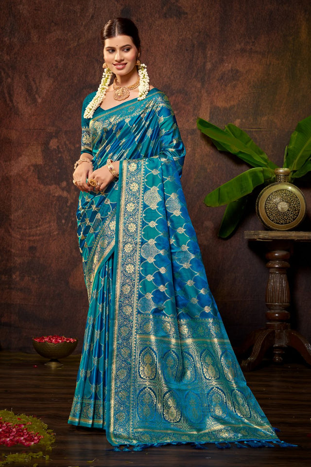Turquoise Woven Satin Silk Saree (ACB1691)