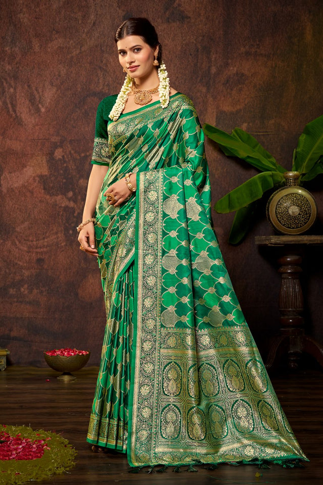 Green Woven Satin Silk Saree (ACB1694)