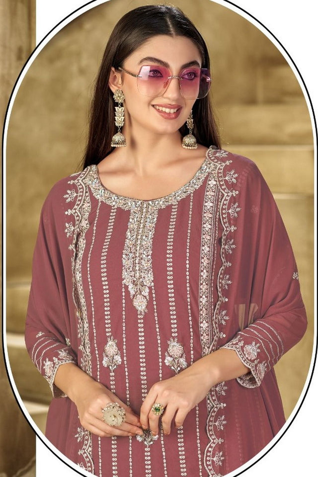 Pink Heavy Embroidered Georgette Straight Cut Suit (ACB1696)