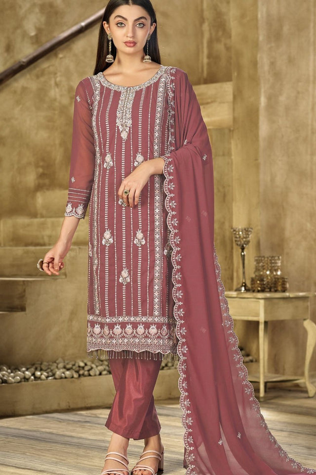 Pink Heavy Embroidered Georgette Straight Cut Suit (ACB1696)