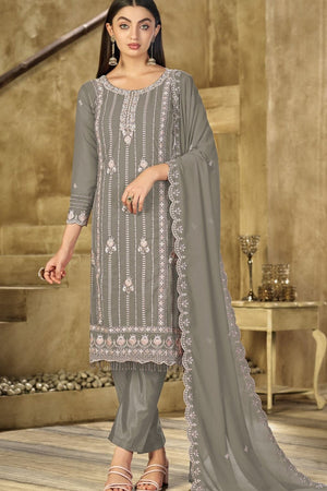 Grey Heavy Embroidered Georgette Straight Cut Suit (ACB1697)