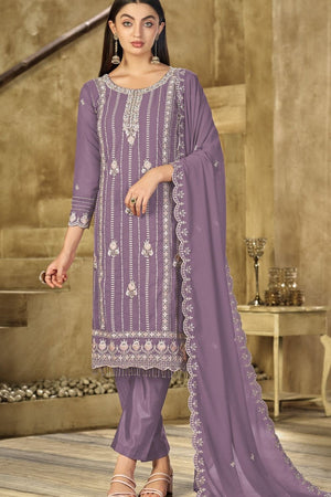 Lavender Heavy Embroidered Georgette Straight Cut Suit (ACB1698)