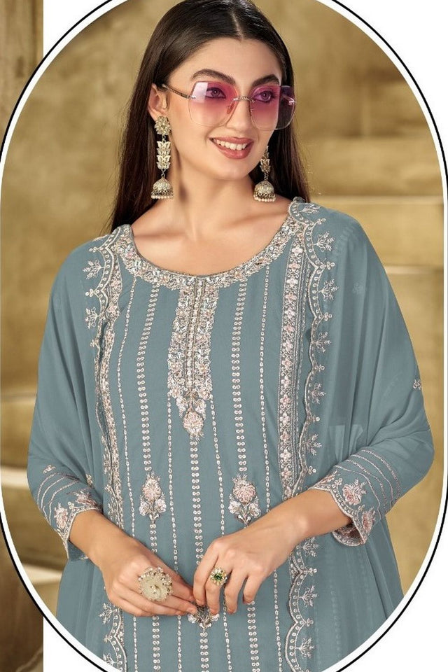 Turquoise Heavy Embroidered Georgette Straight Cut Suit (ACB1699)