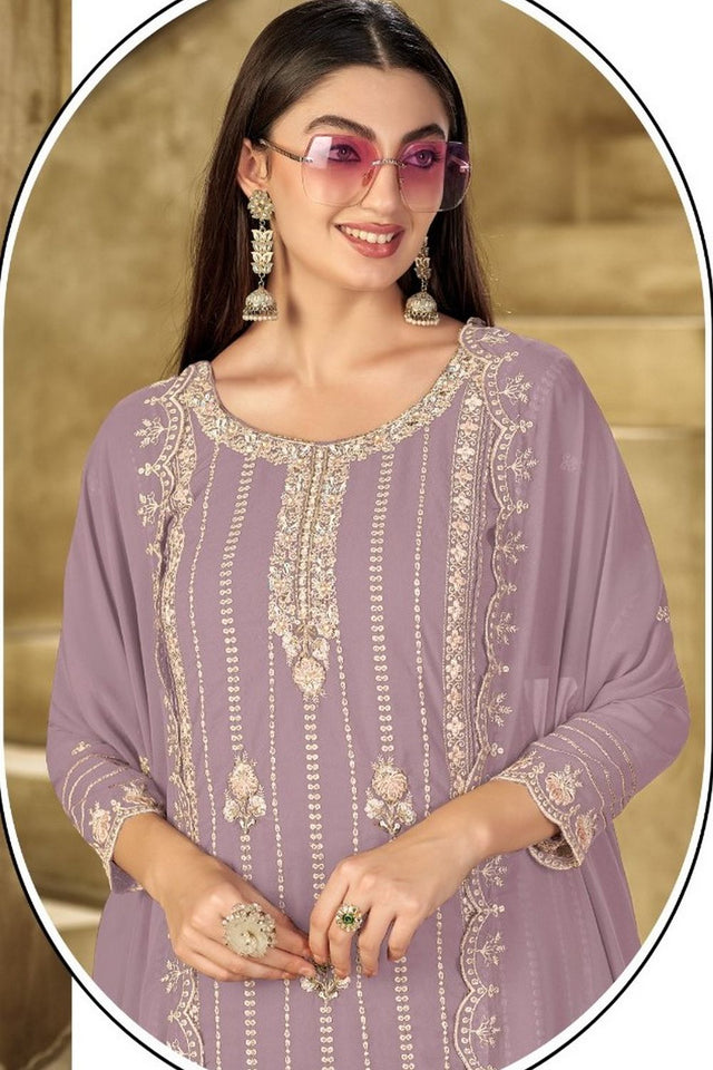 Mauve Heavy Embroidered Georgette Straight Cut Suit (ACB1701)
