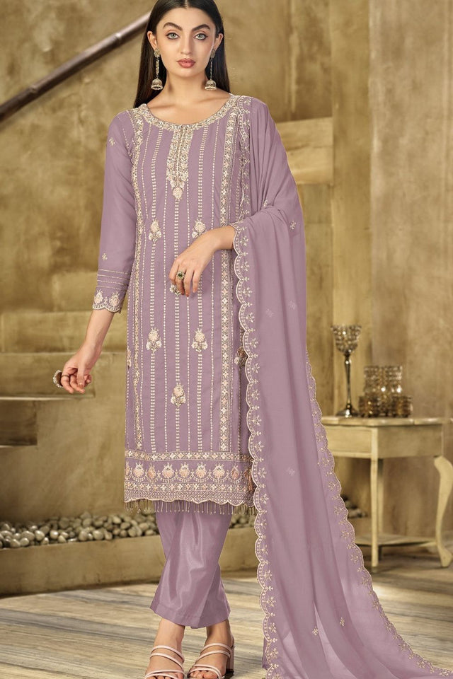 Mauve Heavy Embroidered Georgette Straight Cut Suit (ACB1701)