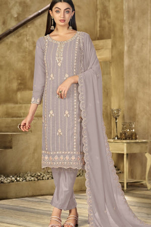Grey Heavy Embroidered Georgette Straight Cut Suit (ACB1702)