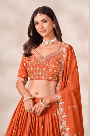 Rust Sequin With Embroidered Chinon Lehenga (ACB1704)