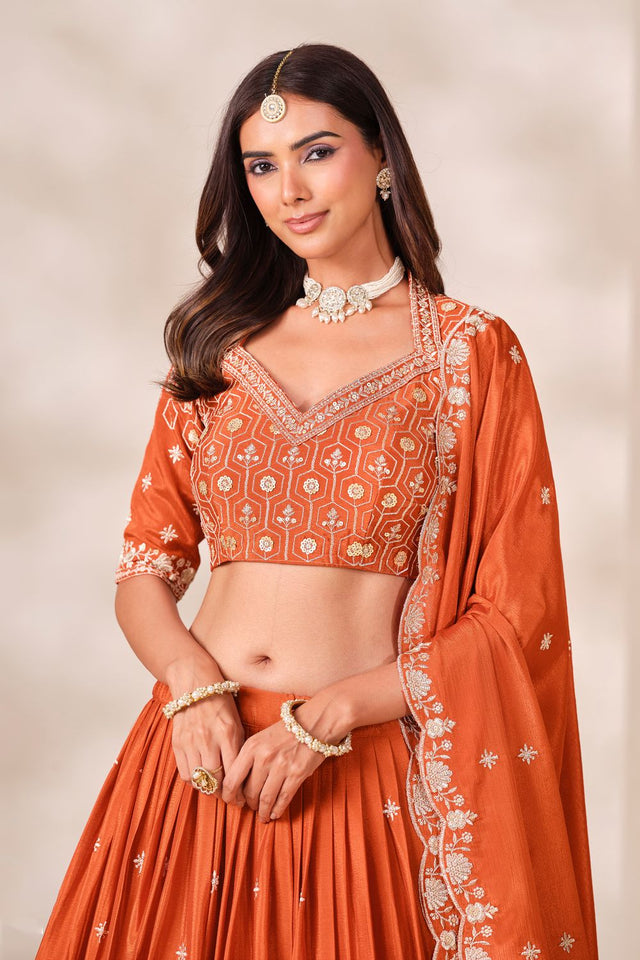Rust Sequin With Embroidered Chinon Lehenga (ACB1704)