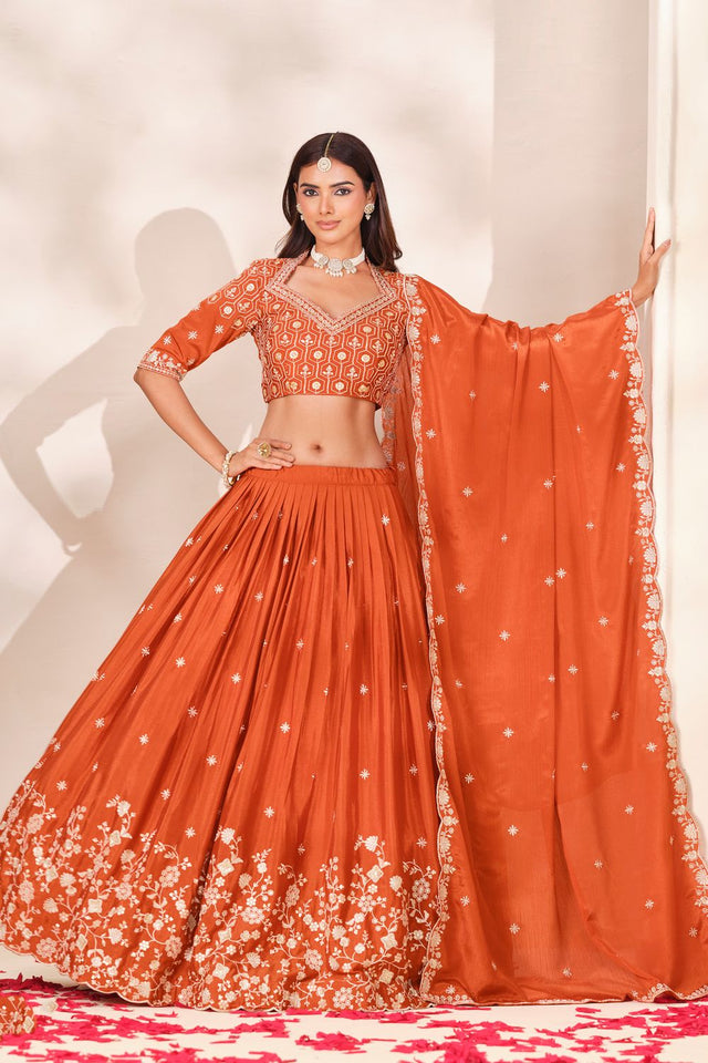 Rust Sequin With Embroidered Chinon Lehenga (ACB1704)