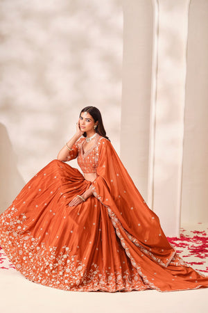 Rust Sequin With Embroidered Chinon Lehenga (ACB1704)