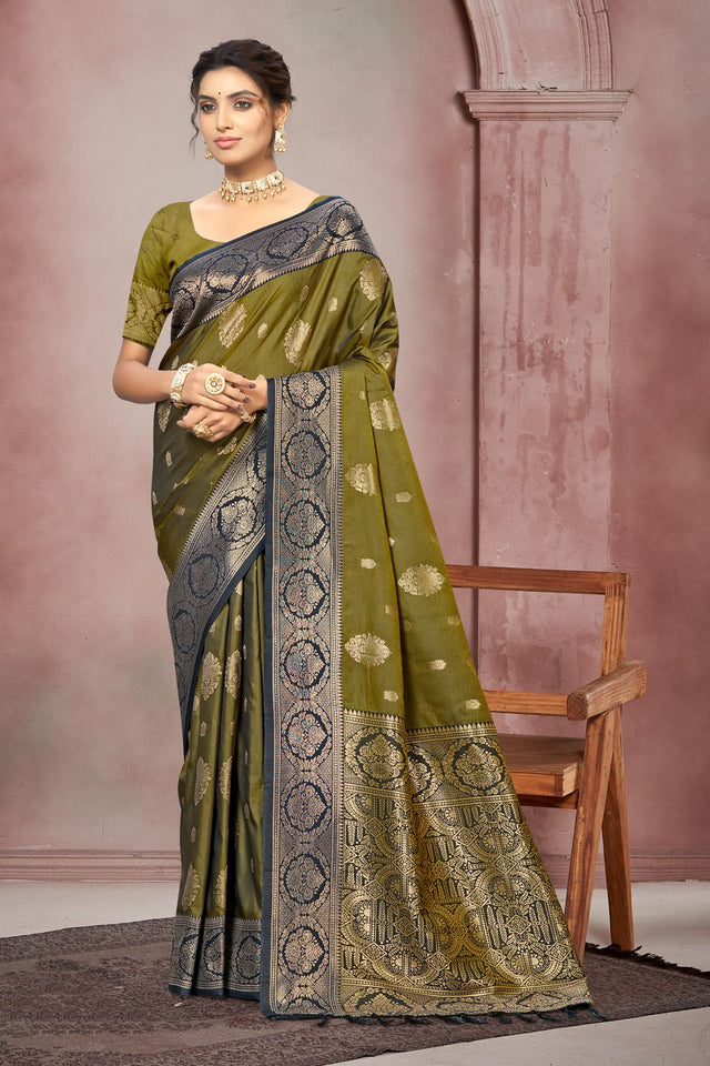 Olive Green Woven Silk Saree (ACB1707)
