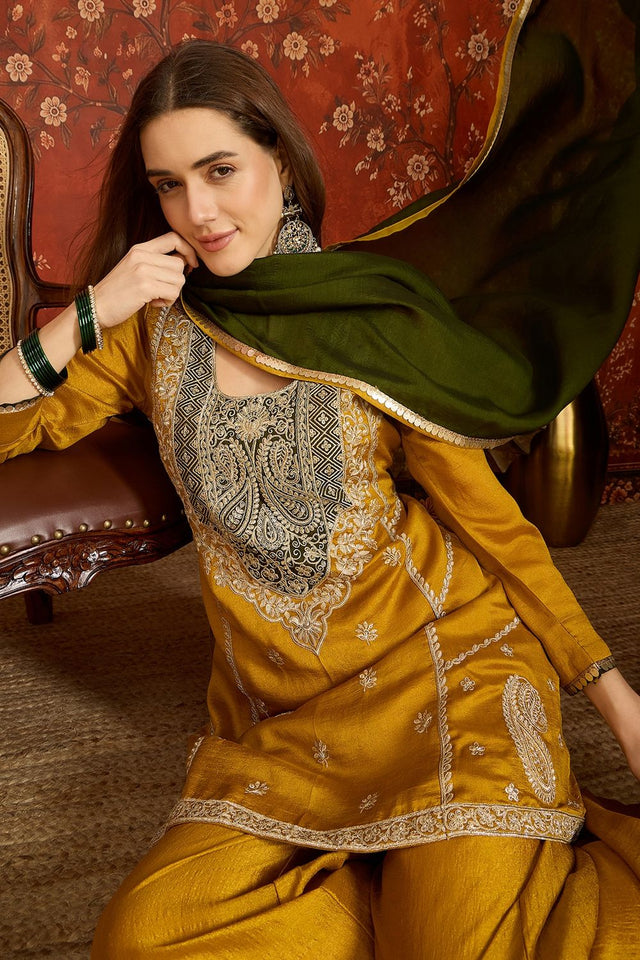 Mustard Embroidered Silk Straight Cut Suit (ACB1712)