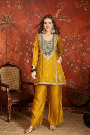 Mustard Embroidered Silk Straight Cut Suit (ACB1712)
