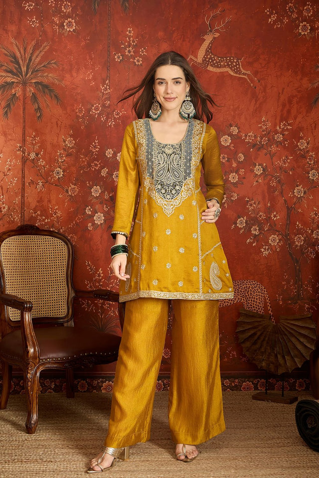 Mustard Embroidered Silk Straight Cut Suit (ACB1712)