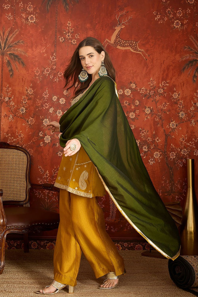 Mustard Embroidered Silk Straight Cut Suit (ACB1712)
