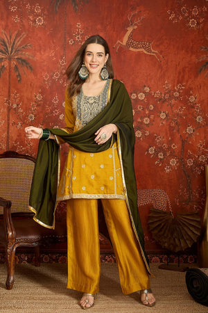 Mustard Embroidered Silk Straight Cut Suit (ACB1712)