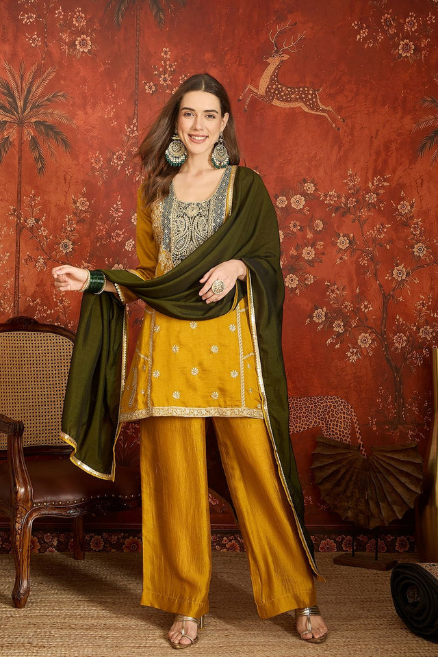 Mustard Embroidered Silk Straight Cut Suit (ACB1712)
