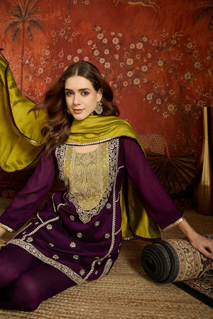 Purple Floral Embroidered Silk Palazzo Suit (ACB1713)