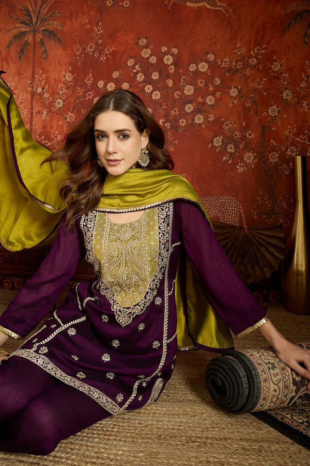Purple Floral Embroidered Silk Palazzo Suit (ACB1713)
