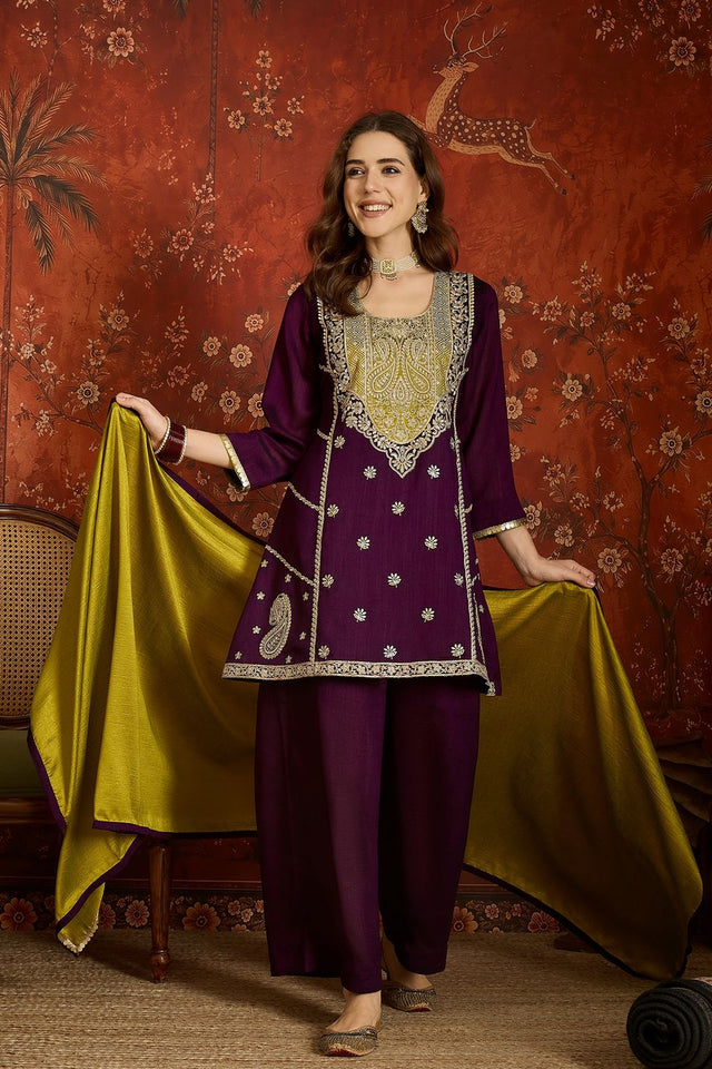 Purple Floral Embroidered Silk Palazzo Suit (ACB1713)