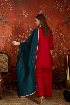 Red Floral Embroidered Silk Palazzo Suit (ACB1714)