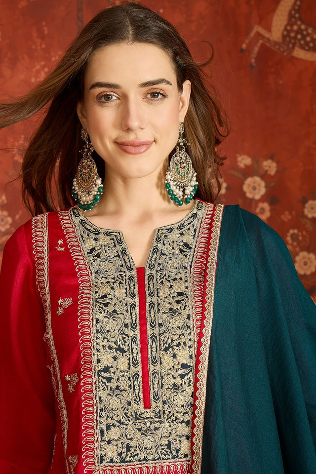Red Floral Embroidered Silk Palazzo Suit (ACB1714)