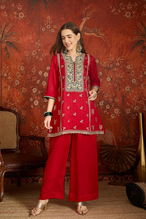 Red Floral Embroidered Silk Palazzo Suit (ACB1714)