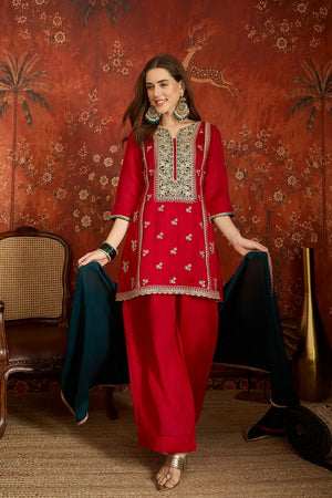 Red Floral Embroidered Silk Palazzo Suit (ACB1714)