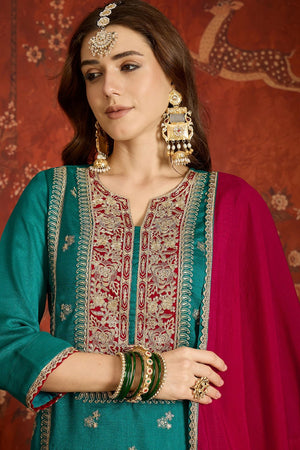 Blue Floral Embroidered Silk Palazzo Suit (ACB1715)