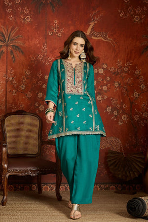 Blue Floral Embroidered Silk Palazzo Suit (ACB1715)