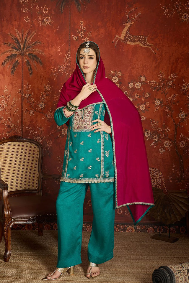 Blue Floral Embroidered Silk Palazzo Suit (ACB1715)