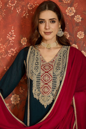 Turquoise Floral Embroidered Silk Palazzo Suit (ACB1716)